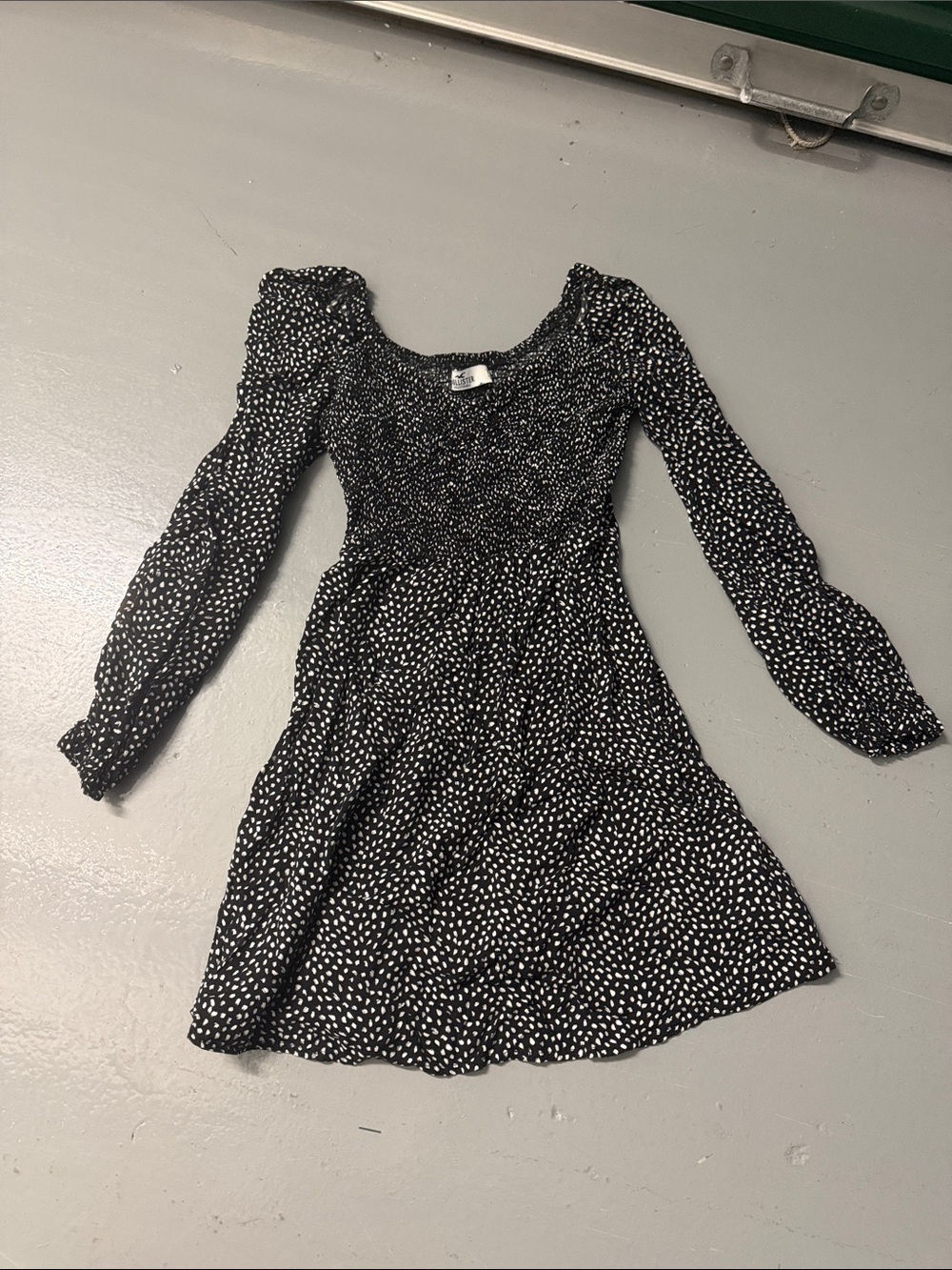 Hollister Black Dress with White Dot Print - Long Sleeve Smocked Bodice